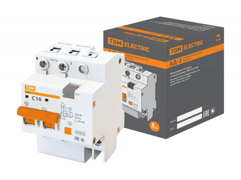 Изображение товара Диф.автомат АД-2 2Р 16А 30мА TDM в Миди Лтд