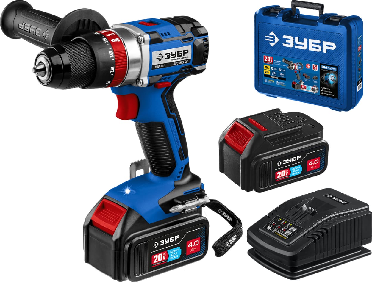 Дрель-шуруповерт ЗУБР 20В бесщеточная 2АКБ (4Ач) в кейсе - фото в Миди Лтд Изображение товара Дрель-шуруповерт ЗУБР 20В бесщеточная 2АКБ (4Ач) в кейсе в Миди Лтд