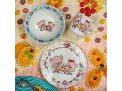 Изображение товара Набор посуды керамика Daniks 3 предмета (тарелка 17,5см, салатник 15см, кружка 230мл) Мишки  в Миди Лтд