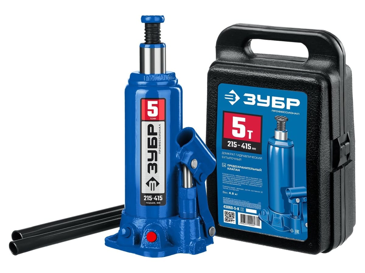 Изображение товара Домкрат гидравлический бутылочный 5т высота подъема 215-415мм в кейсе ЗУБР (4шт/кор) в Миди Лтд