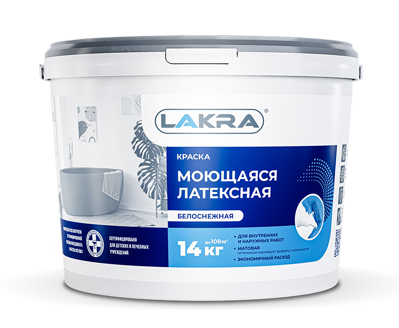 Краска интерьерная ЛАКРА латексная моющаяся белоснежная 14кг (44шт/пал) - фото в Миди Лтд Изображение товара Краска интерьерная ЛАКРА латексная моющаяся белоснежная 14кг (44шт/пал) в Миди Лтд