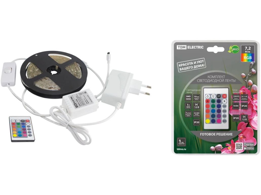 Изображение товара Лента светодиодная комплект SMD5050-30LED/м 12B 7,2Вт/м IP20-RGB 3м 18Вт TDM в Миди Лтд