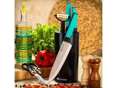 Изображение товара Набор ножей кухонных нерж сталь 7 предметов (нож 4шт, ножницы, овощечистка) с подставкой Daniks Х в Миди Лтд