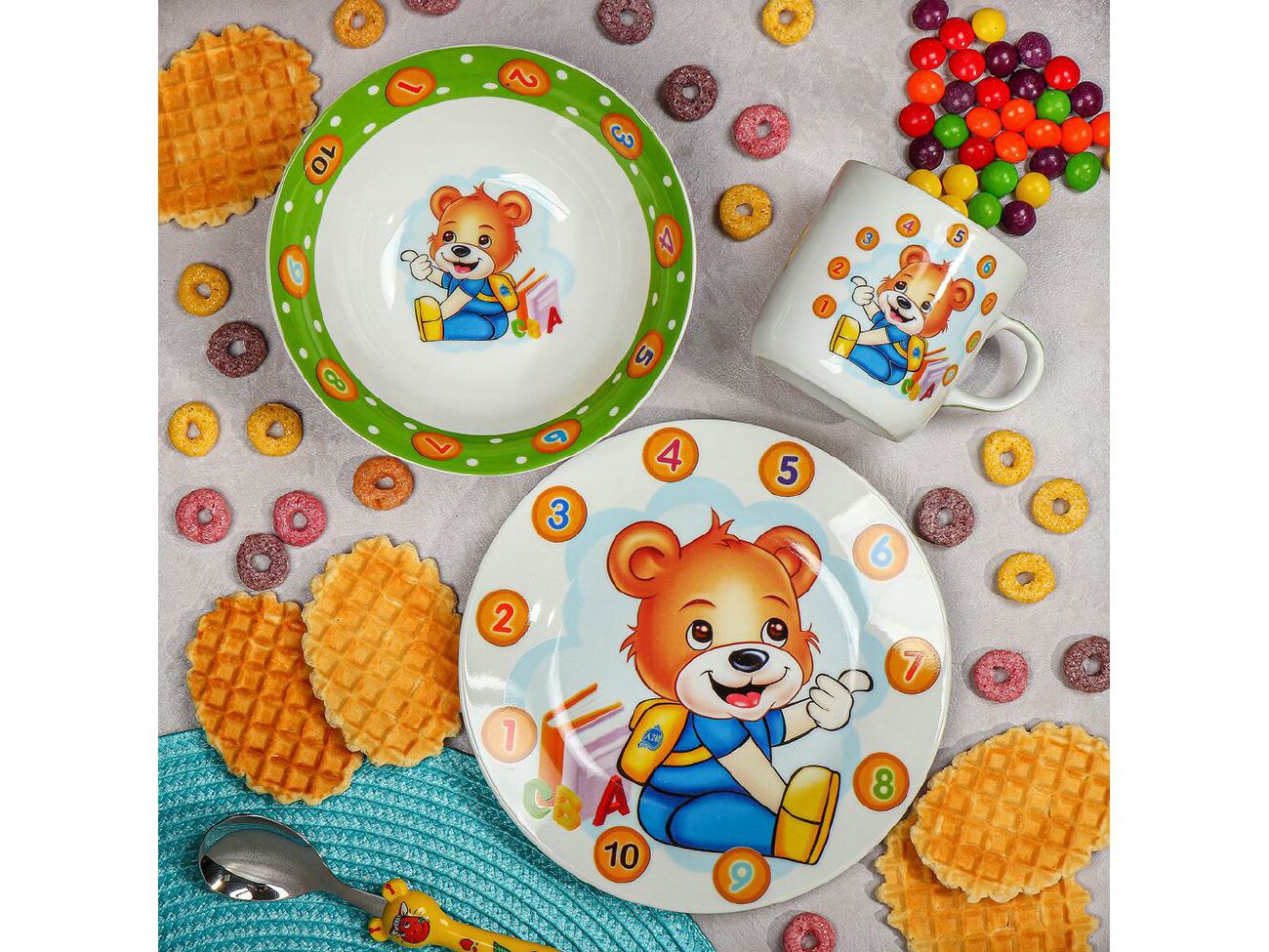 Изображение товара Набор посуды керамика Daniks 3 предмета (тарелка 17,5см, салатник 15см, кружка 230мл) Веселый мишка  в Миди Лтд