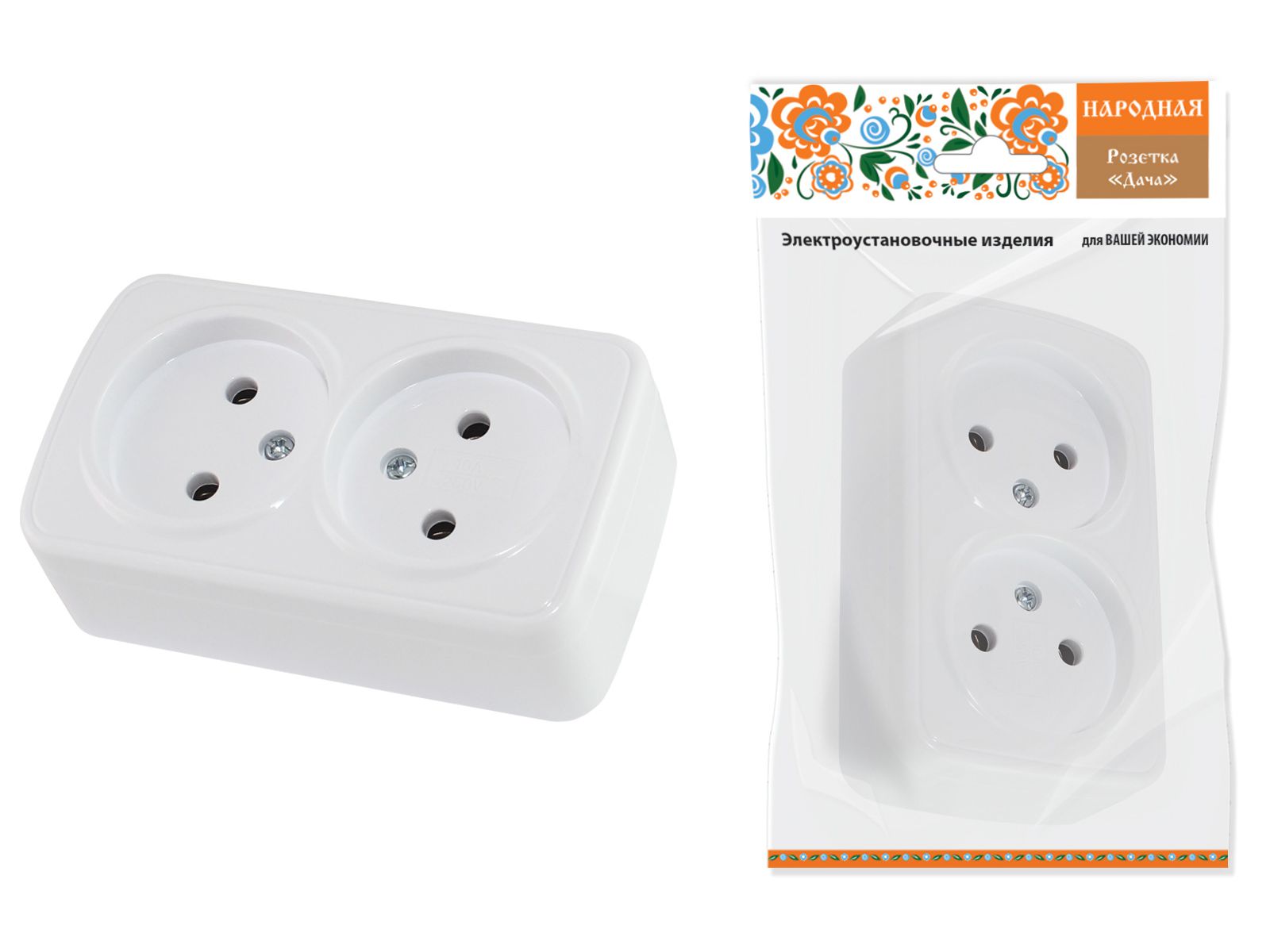 Изображение товара Розетка 2-я 2P белая Дача Народная открытой установки 10А IP20 TDM в Миди Лтд