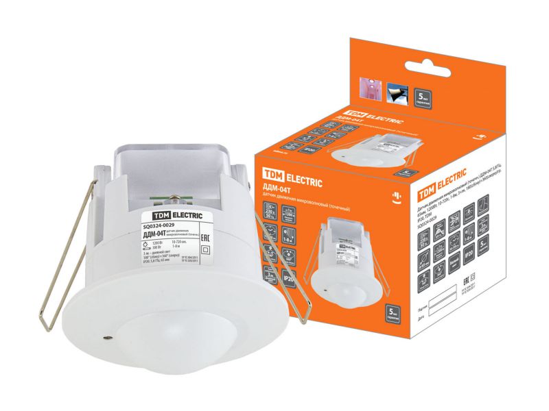 Изображение товара Датчик движения микроволновый точечн. ДДМ-04Т 65мм 1200Bт 10-720с 1-8м 3+Лк IP20 TDM в Миди Лтд