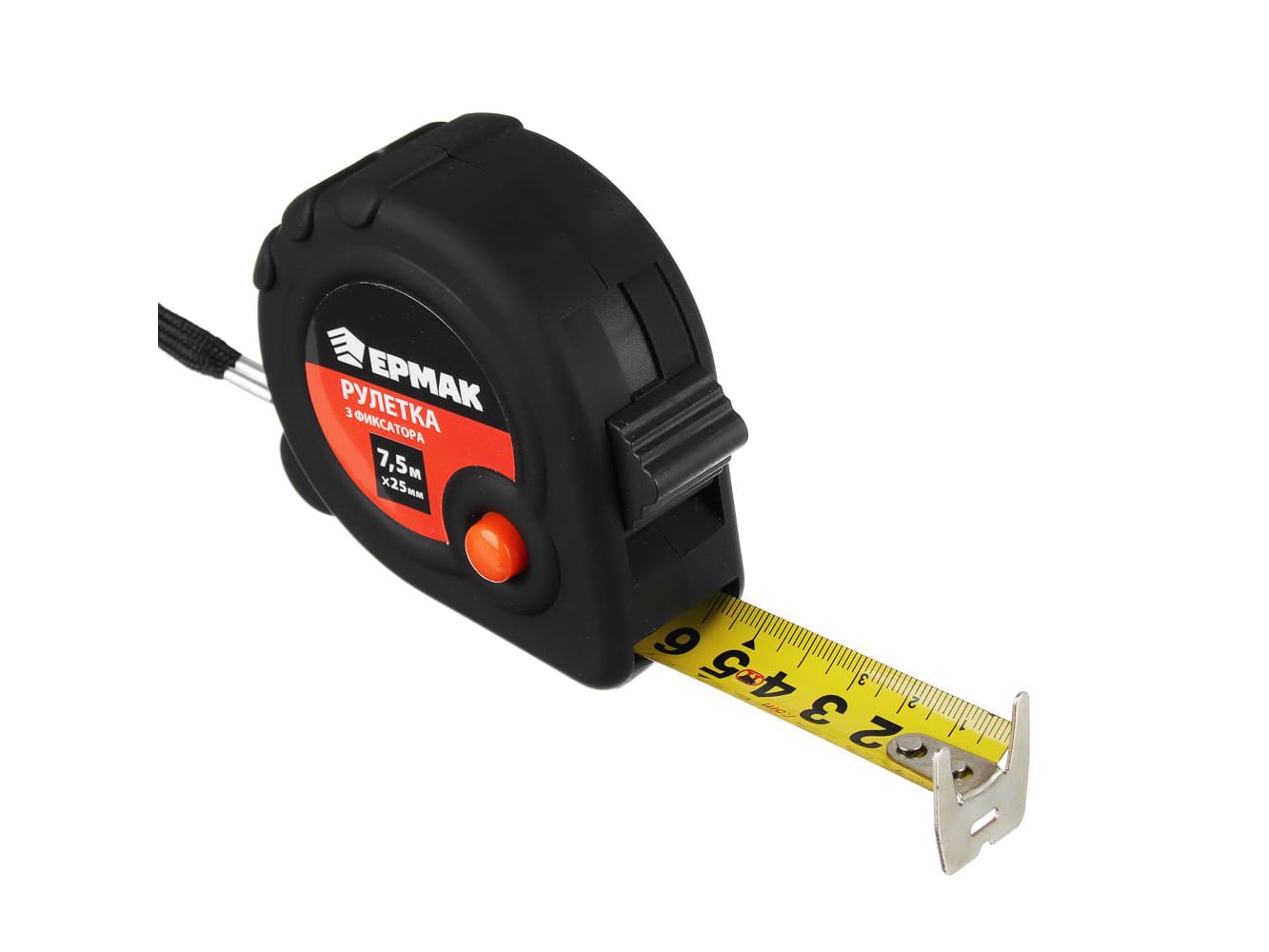 Изображение товара Рулетка  7,5м*25мм ЕРМАК Черная 3 фиксатора (6шт/уп)(60шт/кор) в Миди Лтд