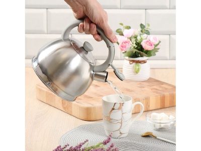 Изображение товара Чайник нерж сталь 2л (M-006) со свистком ручка бакелитовая с силиконовым покрытием индукция матовый  в Миди Лтд