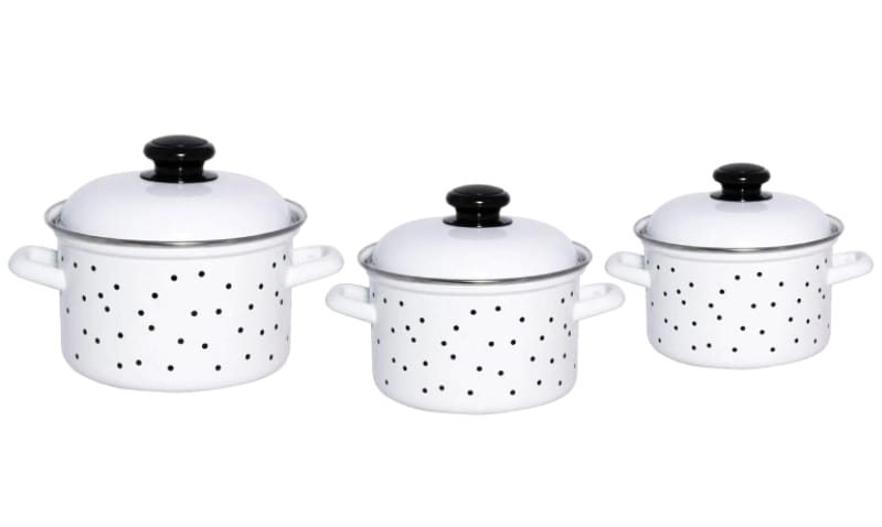 Набор кастрюль эмаль белая Black dots (2,0л, 3,0л, 4,5л) С-007АП2/4 - фото в Миди Лтд Изображение товара Набор кастрюль эмаль белая Black dots (2,0л, 3,0л, 4,5л) С-007АП2/4 в Миди Лтд
