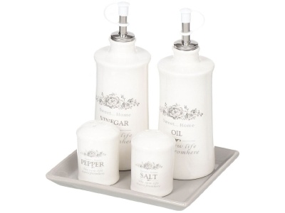 Изображение товара Набор для специй керамика 5шт (2 бутылки, солонка, перечница на подставке) белый Daniks Классик  в Миди Лтд