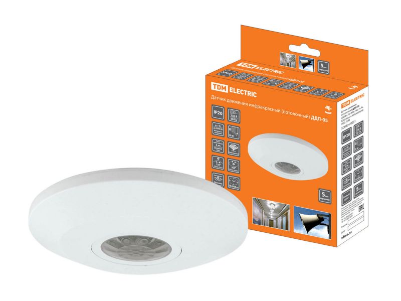 Изображение товара Датчик движения потолочный ДДП-05 2000Bт 10-900с 6м 3+Лк IP20 TDM в Миди Лтд