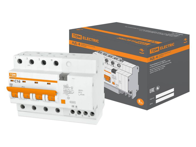 Изображение товара Диф.автомат АД-4 4Р 16А 30мА TDM в Миди Лтд