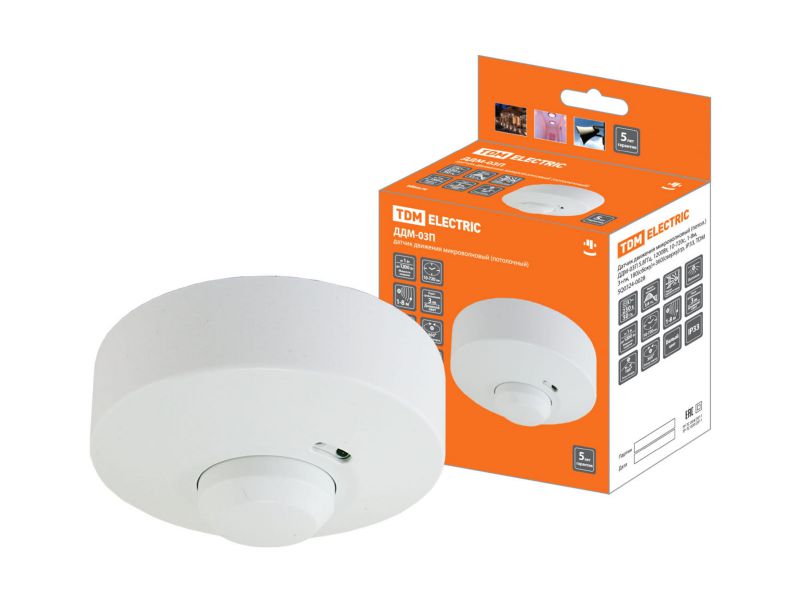 Изображение товара Датчик движения микроволновый потол. ДДМ-03П 1200Bт 10-720с 1-8м 3+Лк IP33 TDM в Миди Лтд