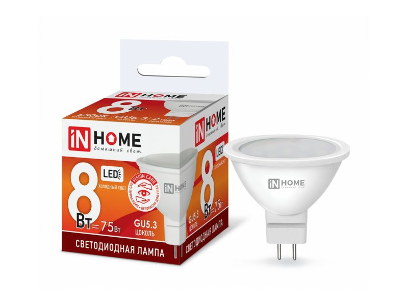 Изображение товара Лампа светодиодная IN HOME LED 8W GU5.3 JCDR-VC 6500K 230V 600Лм в Миди Лтд