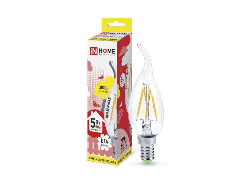 Изображение товара Лампа светодиодная IN HOME прозрачная колба LED-СВЕЧА НА ВЕТРУ 5W Е14 3000К 450Лм в Миди Лтд