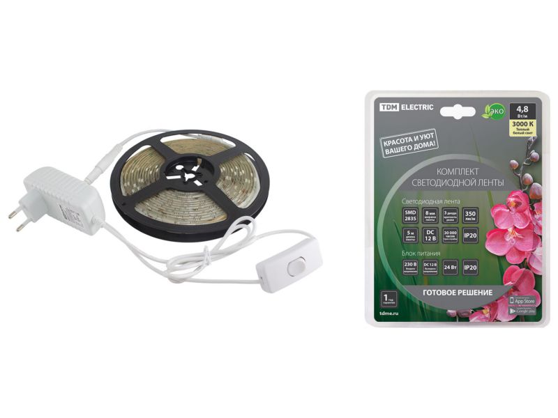 Изображение товара Лента светодиодная комплект SMD2835 60LED/м 12B 4,8Вт/м IP20 3000К 5м 24Вт TDM в Миди Лтд