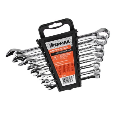 Набор ключей ЕРМАК рожково-накидных  8 предметов 8-19мм, полиронные CRV (30шт/кор) - фото в Миди Лтд Изображение товара Набор ключей ЕРМАК рожково-накидных  8 предметов 8-19мм, полиронные CRV (30шт/кор) в Миди Лтд