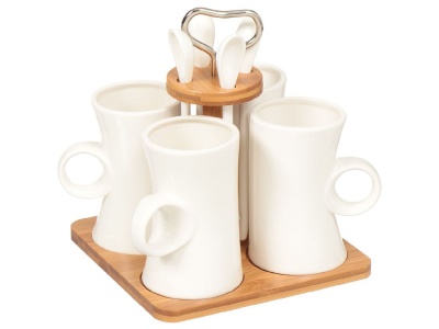 Изображение товара Кружка керамика 280мл с ложкой 4шт Daniks бамбуковая подставка (12шт/уп) Х в Миди Лтд
