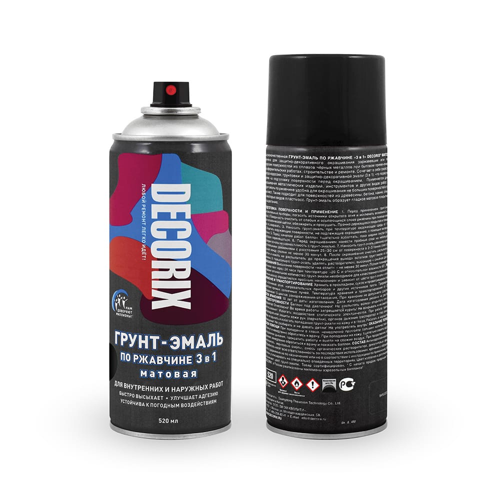 Изображение товара Грунт-эмаль по ржавчине 3в1 аэрозольный Decorix Черный матовый 520мл (12шт/уп; 840шт/пал) в Миди Лтд