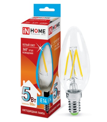 Изображение товара Лампа светодиодная IN HOME прозрачная колба LED-СВЕЧА 5W Е14 4000К 450Лм в Миди Лтд