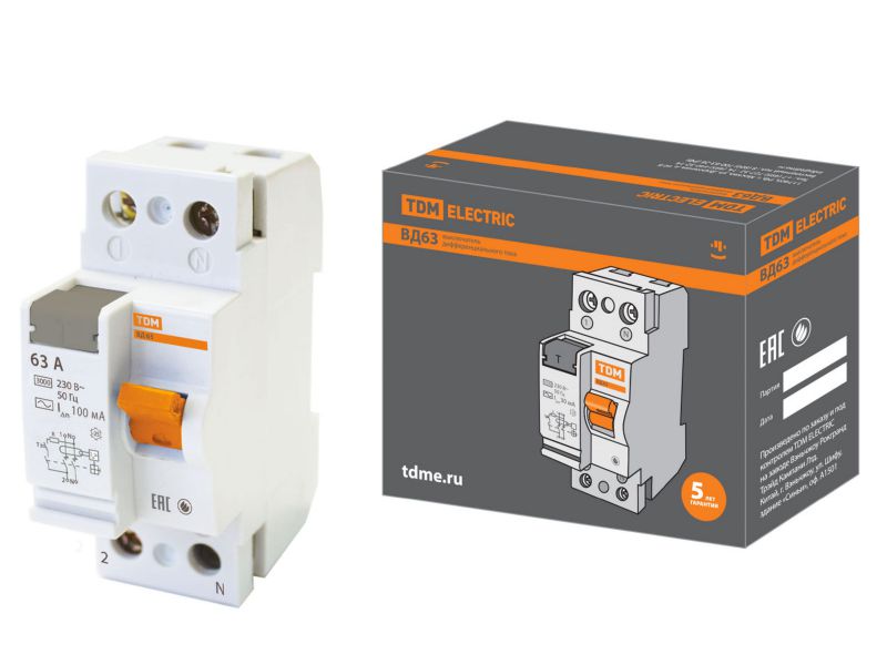 Изображение товара УЗО ВД63 2Р 63А 100мА электронное TDM в Миди Лтд