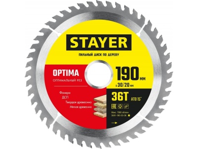 Изображение товара Диск пильный по дереву 190х30/20мм 36T STAYER OPTIMA оптимальный рез в Миди Лтд