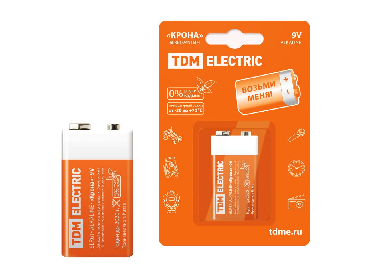 Изображение товара Батарейка Крона 6LR61 щелочная тип АА 9В ВР-1 TDM Electric (10шт/уп) в Миди Лтд