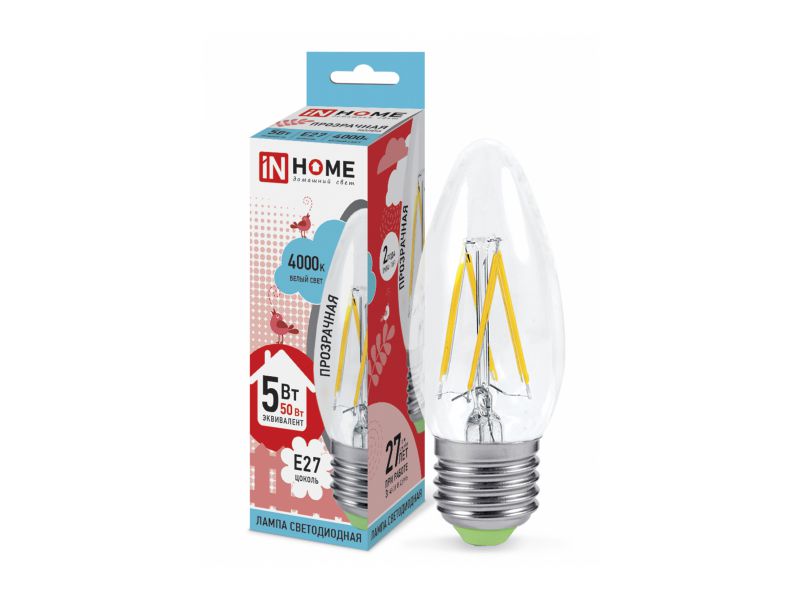 Изображение товара Лампа светодиодная IN HOME прозрачная колба LED-СВЕЧА 5W Е27 4000К 450ЛМ в Миди Лтд