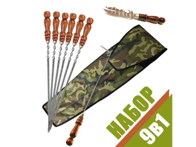 Набор шампуров Премиум 50см нерж. сталь, деревянная ручка 6шт+нож+кочерга в чехле  - фото в Миди Лтд Изображение товара Набор шампуров Премиум 50см нерж. сталь, деревянная ручка 6шт+нож+кочерга в чехле  в Миди Лтд