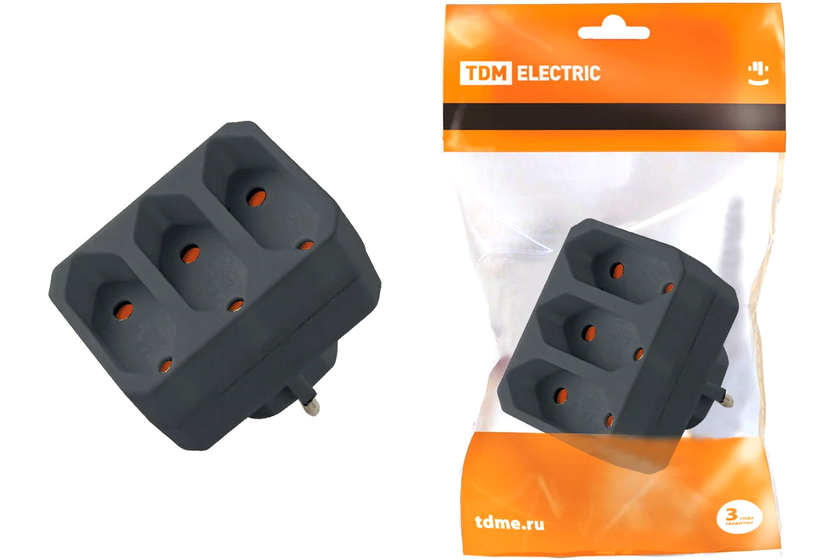 Изображение товара Блок 3 гнезда под плоскую вилку черный 2P 2,5А 250W TDM в Миди Лтд