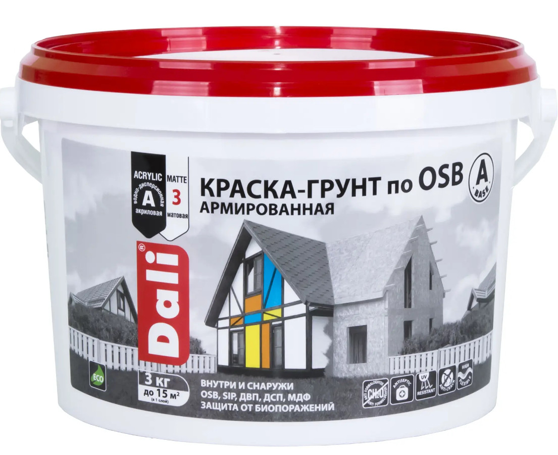 Грунт-краска по ОSB DALI армированная база А 3кг (ведро) (120шт/пал) - фото в Миди Лтд Изображение товара Грунт-краска по ОSB DALI армированная база А 3кг (ведро) (120шт/пал) в Миди Лтд