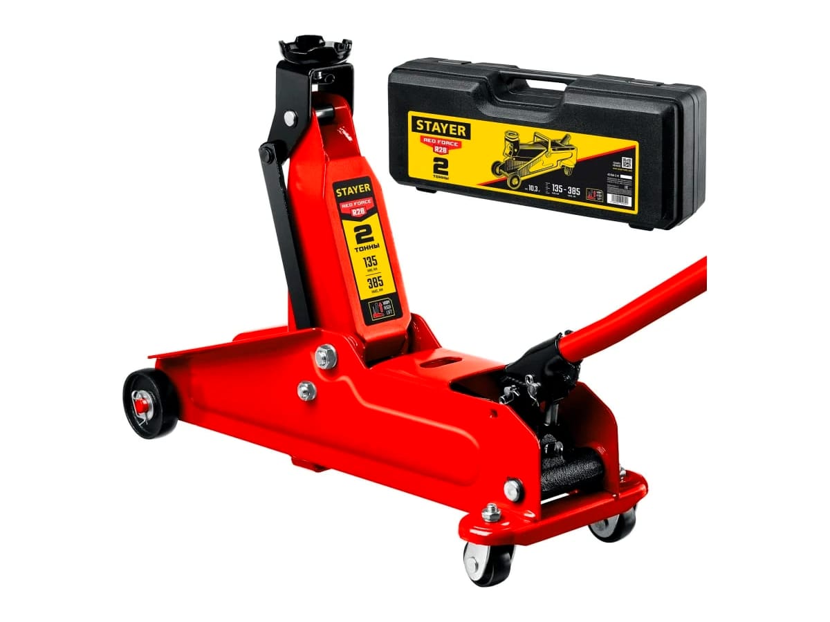 Изображение товара Домкрат гидравлический подкатной 2т увеличенный подъем 135-385мм в кейсе STAYER R-28 RED FORCE  в Миди Лтд