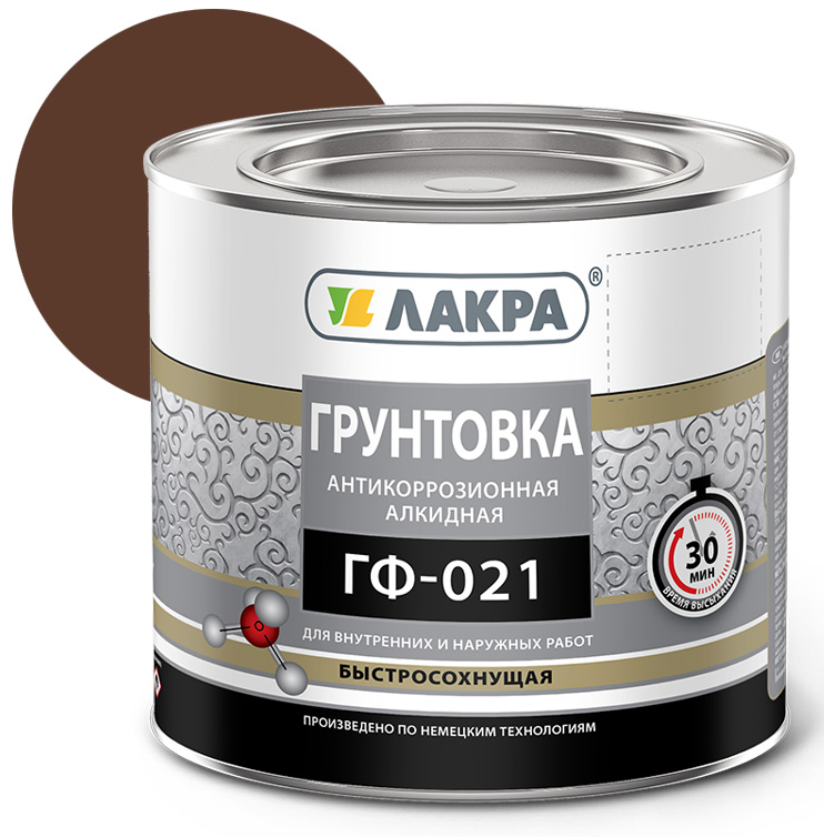 Изображение товара Грунт ГФ-021 ЛАКРА быстросохнущий красно-коричневый 1,8кг (3шт/уп; 264шт/пал) в Миди Лтд