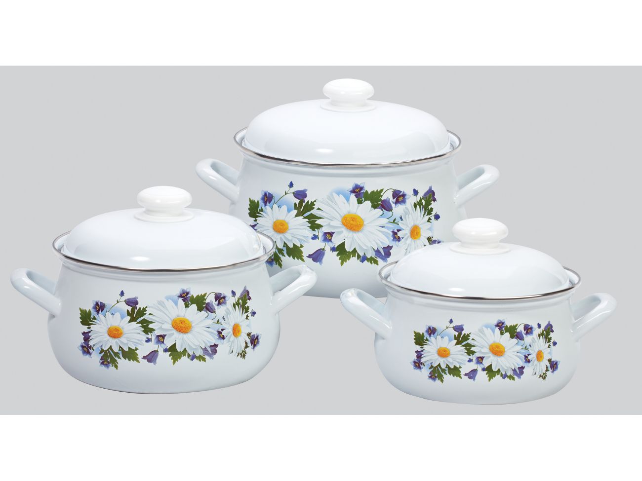 Набор кастрюль эмаль белая Ромашковое поле (2,0л, 3,0л, 4,5л) С-129АП2/4 грушевидные - фото в Миди Лтд Изображение товара Набор кастрюль эмаль белая Ромашковое поле (2,0л, 3,0л, 4,5л) С-129АП2/4 грушевидные в Миди Лтд