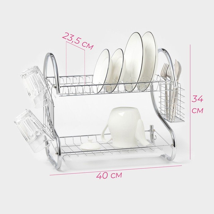Изображение товара Сушилка для посуды Доляна 2 яр с поддоном, S-образная 40*23,5*34см, хром (12шт/кор) в Миди Лтд