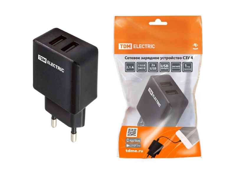 Изображение товара Зарядное устройство сетевое СЗУ 4 2,1А 2USB черный TDM в Миди Лтд