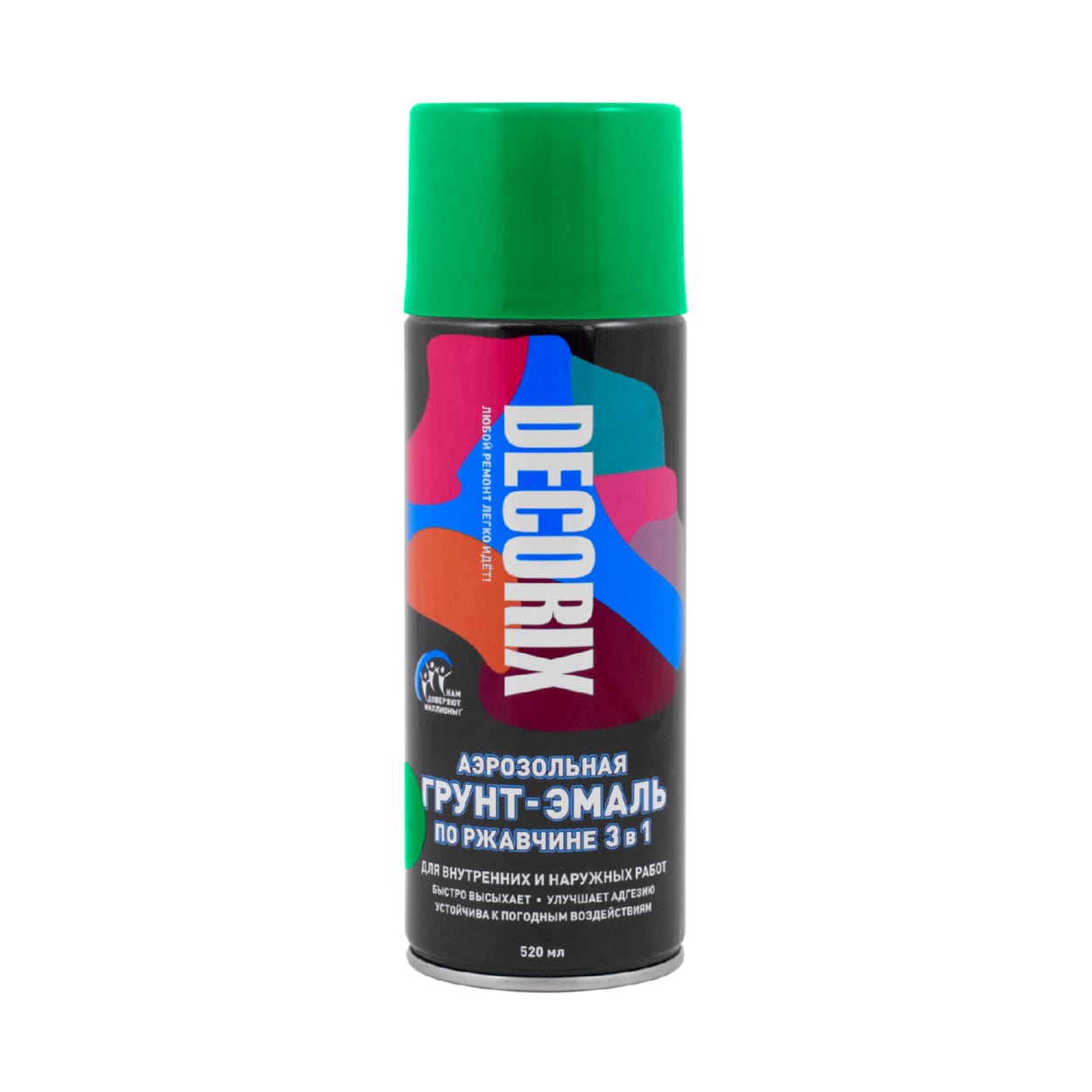 Грунт-эмаль по ржавчине 3в1 аэрозольный Decorix Зеленый глянцевый 520мл (12шт/уп; 840шт/пал) - фото в Миди Лтд Изображение товара Грунт-эмаль по ржавчине 3в1 аэрозольный Decorix Зеленый глянцевый 520мл (12шт/уп; 840шт/пал) в Миди Лтд