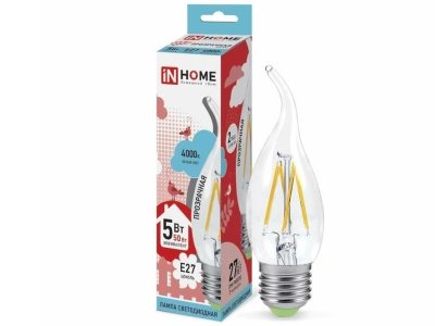 Изображение товара Лампа светодиодная IN HOME прозрачная колба LED-СВЕЧА НА ВЕТРУ 5W Е27 4000К 450Лм в Миди Лтд