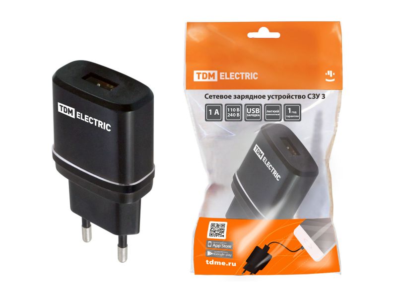 Изображение товара Зарядное устройство сетевое СЗУ 3 2,1А 1USB черный TDM в Миди Лтд