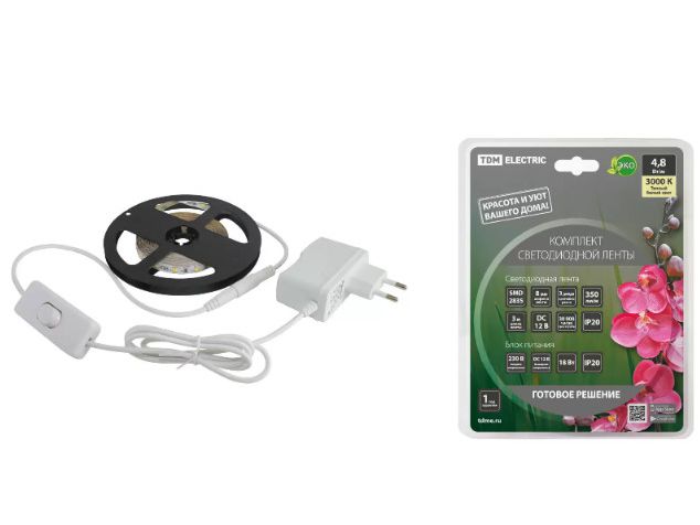Изображение товара Лента светодиодная комплект SMD2835 60LED/м 12B 4,8Вт/м IP20 3000К 3м 18Вт TDM в Миди Лтд