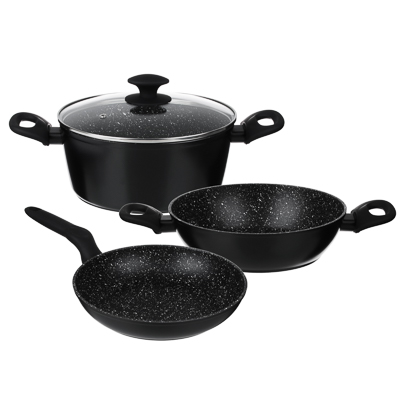 Набор посуды SATOSHI Стоун 4 предмета (сковорода, сотейник, кастрюля, крышка) антипригарное  - фото в Миди Лтд Изображение товара Набор посуды SATOSHI Стоун 4 предмета (сковорода, сотейник, кастрюля, крышка) антипригарное  в Миди Лтд