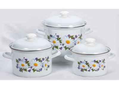 Набор кастрюль эмаль белая Ромашковое поле (2,0л, 3,0л, 4,5л) С-007АП2/4 цилиндрические - фото в Миди Лтд Изображение товара Набор кастрюль эмаль белая Ромашковое поле (2,0л, 3,0л, 4,5л) С-007АП2/4 цилиндрические в Миди Лтд