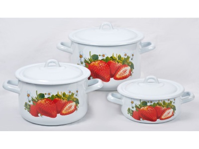Набор кастрюль эмаль белая Сочная клубника (1,45л, 2,9л, 4,3л) С-001/4Э - фото в Миди Лтд Изображение товара Набор кастрюль эмаль белая Сочная клубника (1,45л, 2,9л, 4,3л) С-001/4Э в Миди Лтд