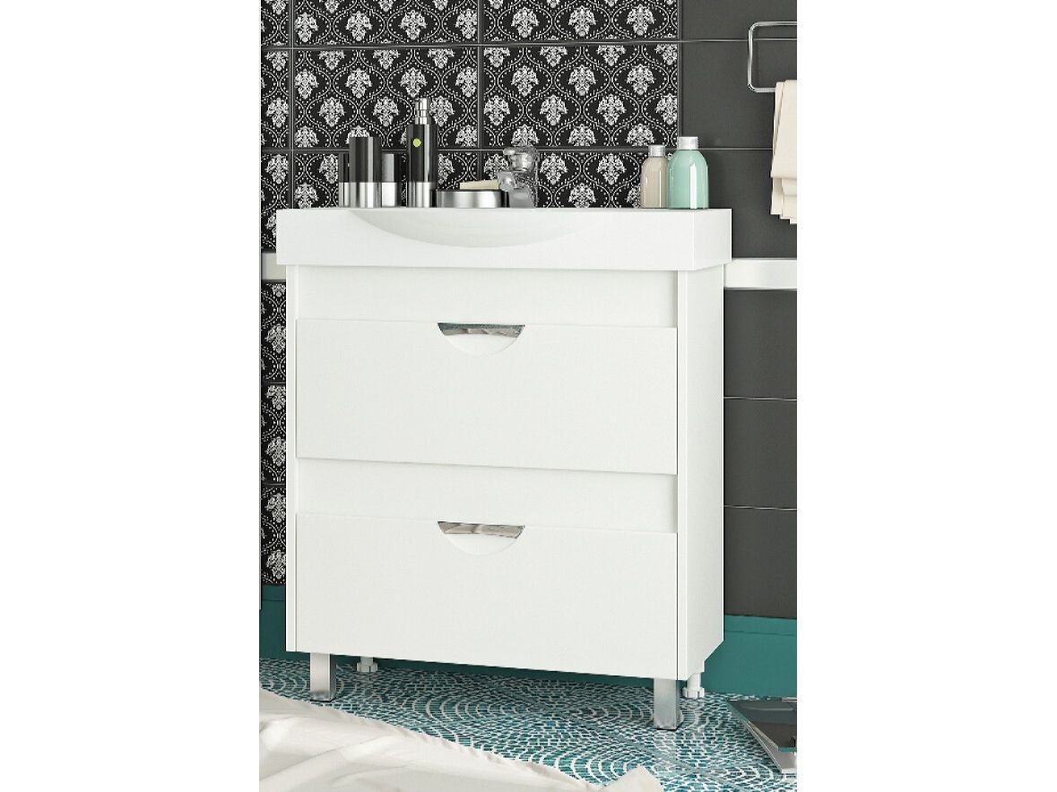 Тумба для ванной "Виго" 60 белая с умывальником "Калипсо" 60 - фото в Миди Лтд Изображение товара Тумба для ванной "Виго" 60 белая с умывальником "Калипсо" 60 в Миди Лтд