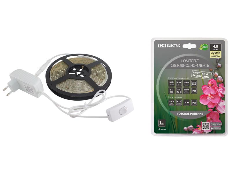 Изображение товара Лента светодиодная комплект SMD2835 60LED/м 12B 4,8Вт/м IP65 3000К 5м 24Вт TDM в Миди Лтд