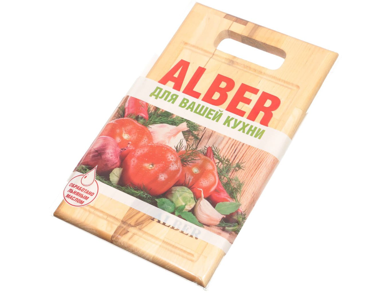 Изображение товара Доска разделочная дерево прямоугольная с ручкой и кровостоком 34*20*1,8см (20шт/уп) в Миди Лтд