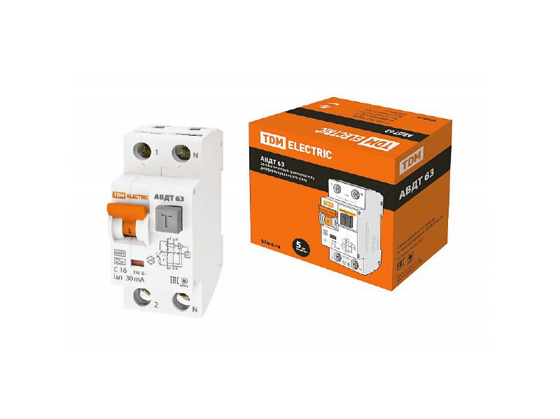 Изображение товара Диф.автомат С16 63 2Р(1Р+N) 30мА 6кА тип А TDM в Миди Лтд