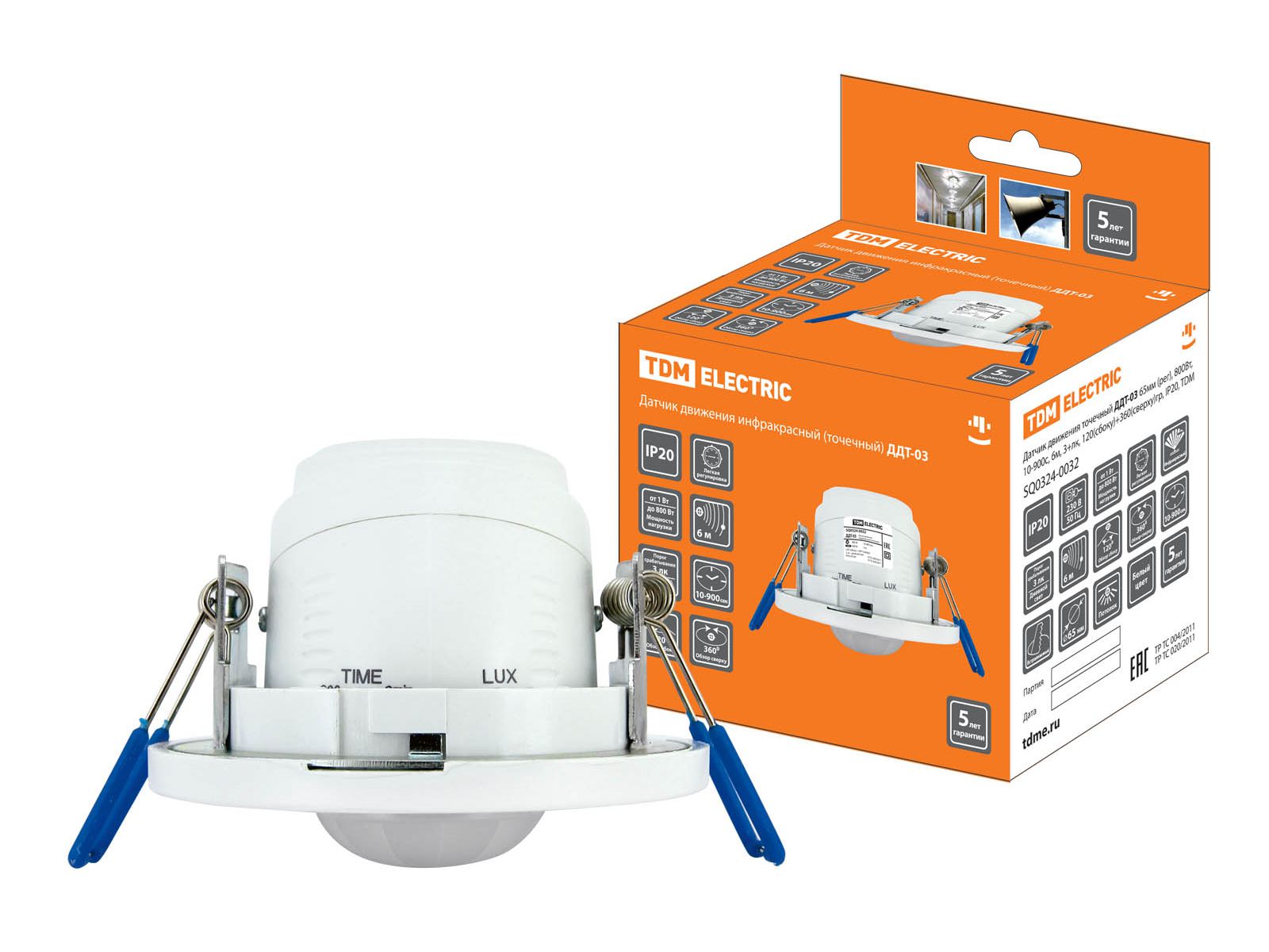 Изображение товара Датчик движения точечный ДДТ-03 800Bт 10-900с 65м 3+Лк IP20 TDM в Миди Лтд