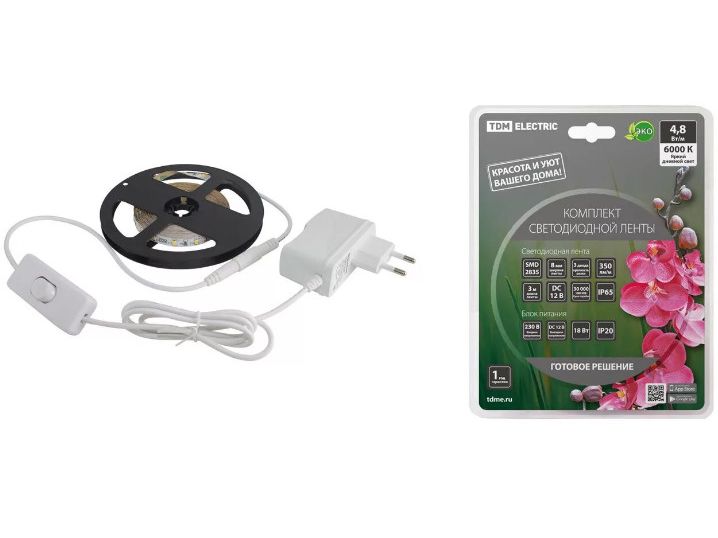 Изображение товара Лента светодиодная комплект SMD2835 60LED/м 12B 4,8Вт/м IP65 6000К 5м 24Вт TDM в Миди Лтд