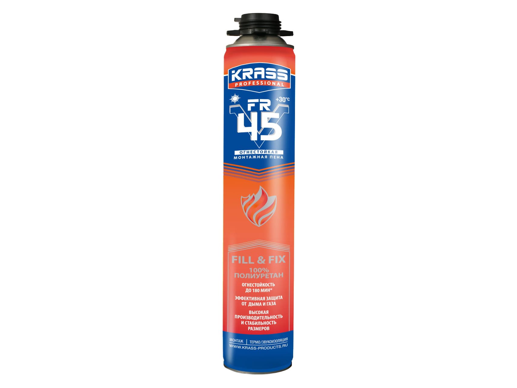 Пена монтажная KRASS Professional FR V45 огнестойкая пистолетная 750мл (16шт/уп) - фото в Миди Лтд Изображение товара Пена монтажная KRASS Professional FR V45 огнестойкая пистолетная 750мл (16шт/уп) в Миди Лтд